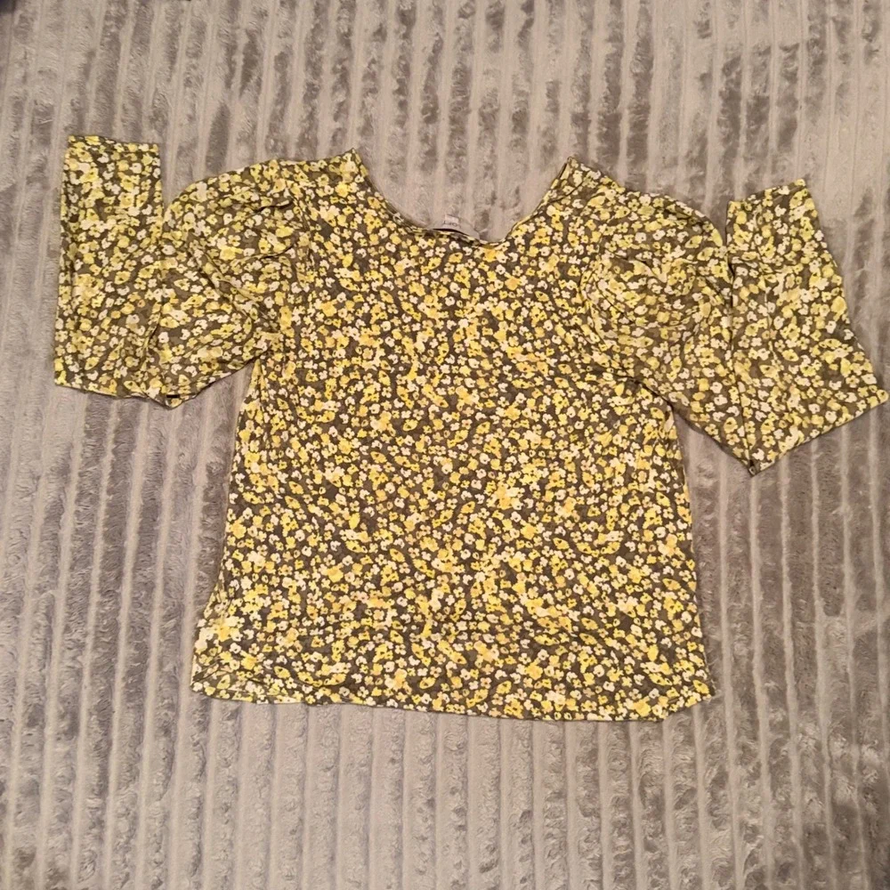 LOFT Womens Yellow Olive Green Floral V-Neck Puff Sleeve Blouse Top M